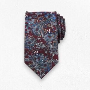 90s Vintage USA Teddy Bear Silk Red Paisley Patriotic Carlo Battini Neck Tie